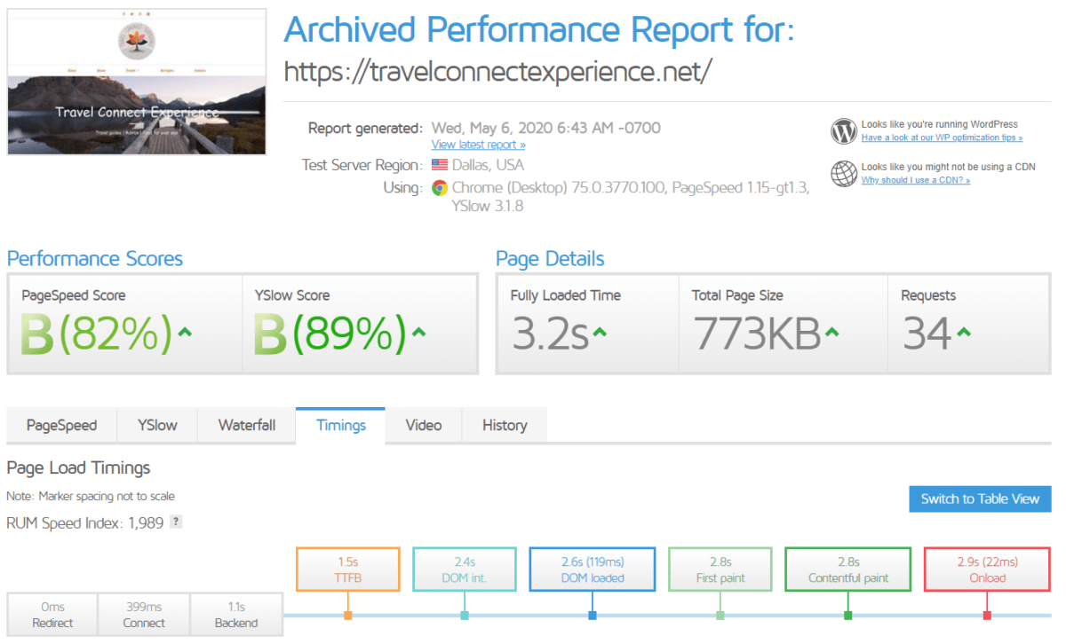 Speed Test Before - 3.2s load time